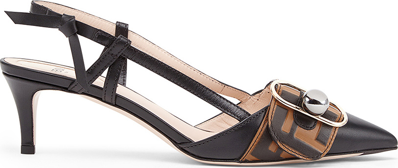 Fendi Logo Print Slingback Leather Kitten Heels