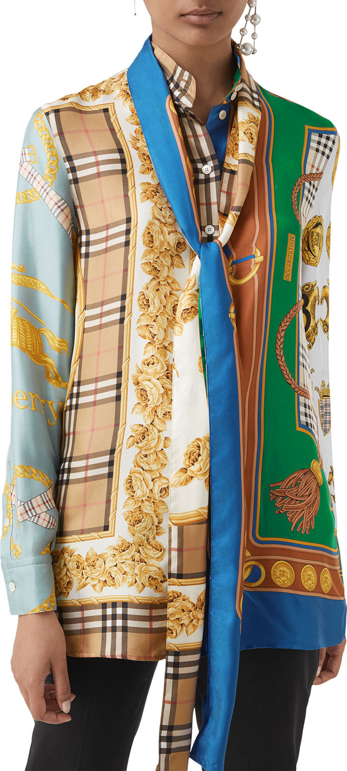Burberry London England Shelduck Archive Scarf-Print Tie-Neck Mulberry Silk Blouse