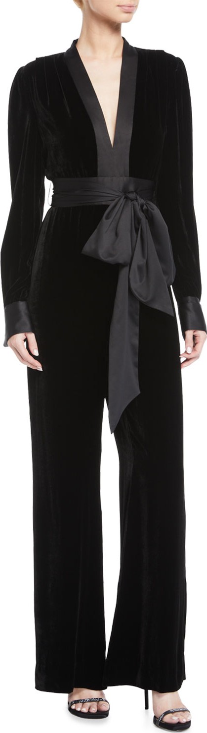 DIANE von FURSTENBERG Velvet Long-Sleeve V-Neck Jumpsuit w/ Sash