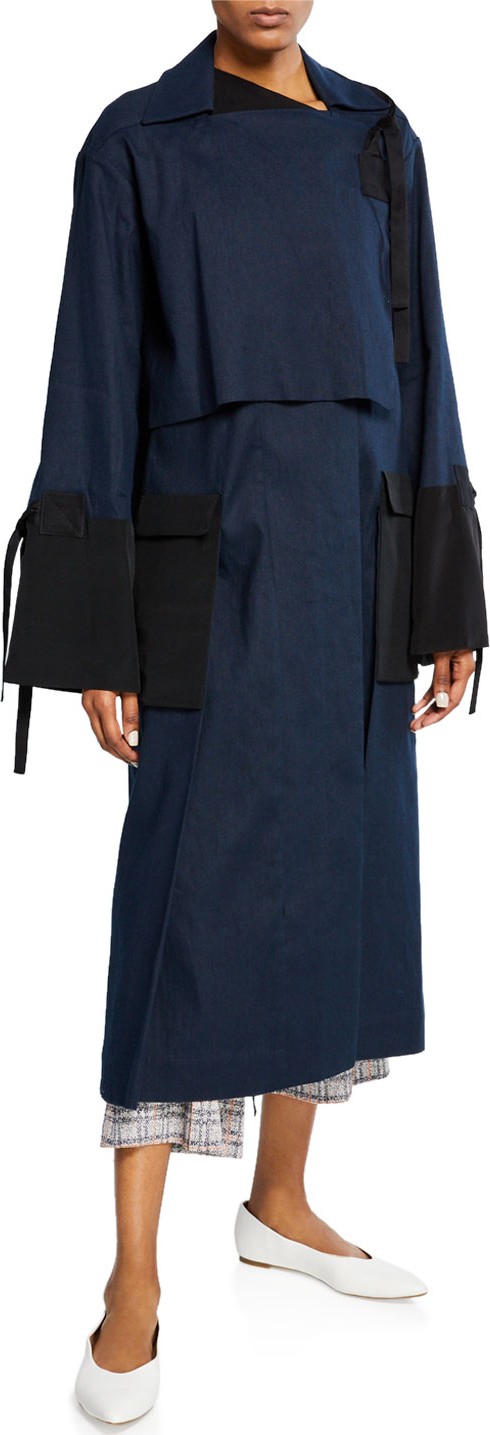 Rosetta Getty Canvas Colorblocked Tie-Sleeve Trench Coat