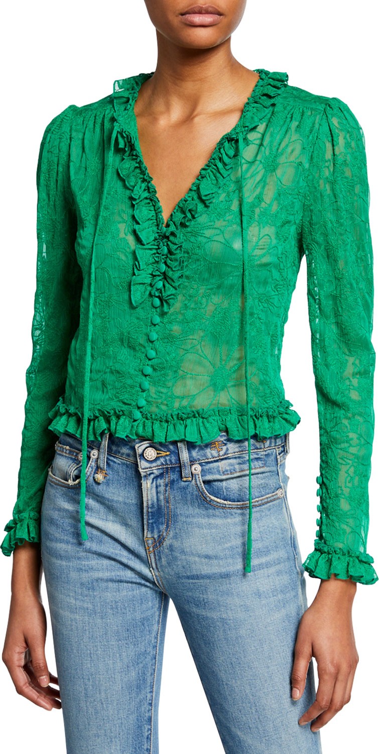 Alexis Saxon Embroidered Button-Front Long-Sleeve Crop Top w/ Ruffle Trim Alexis Saxon Embroidered Button-Front Long-Sleeve Crop Top w/ Ruffle Trim