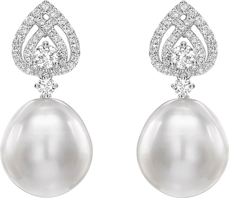 Kiki McDonough 18k White Gold Pearl Drop Earrings w/ Diamond Pear