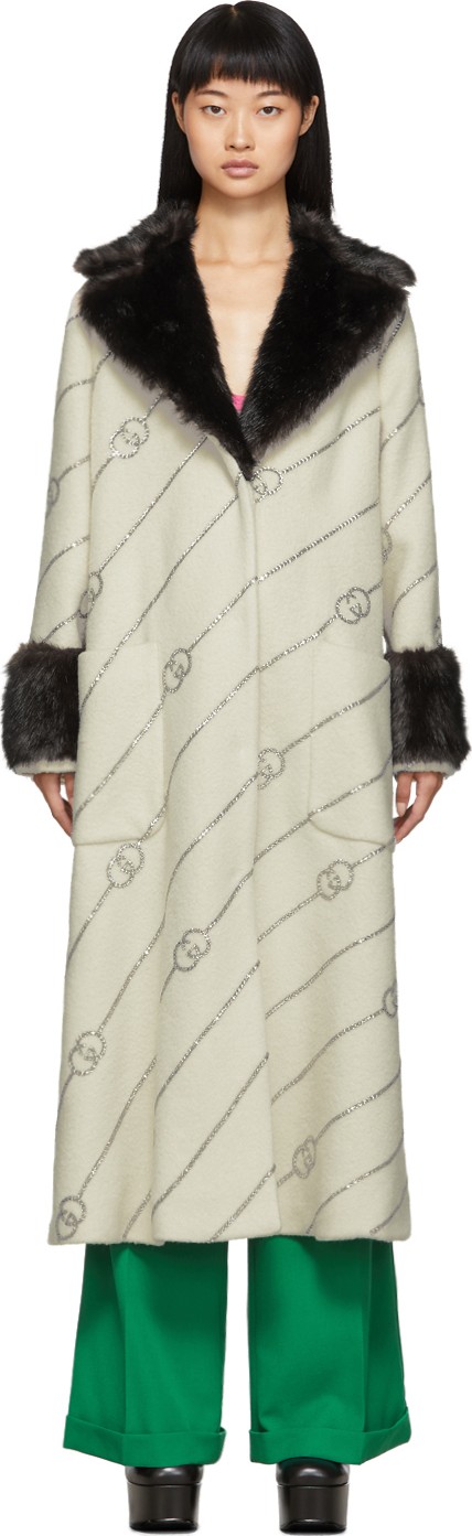Gucci Off-White Faux-Fur Collar Crystal GG Coat