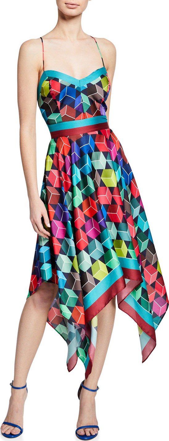 MILLY Sweetheart Sleeveless Cube-Print Handkerchief Dress