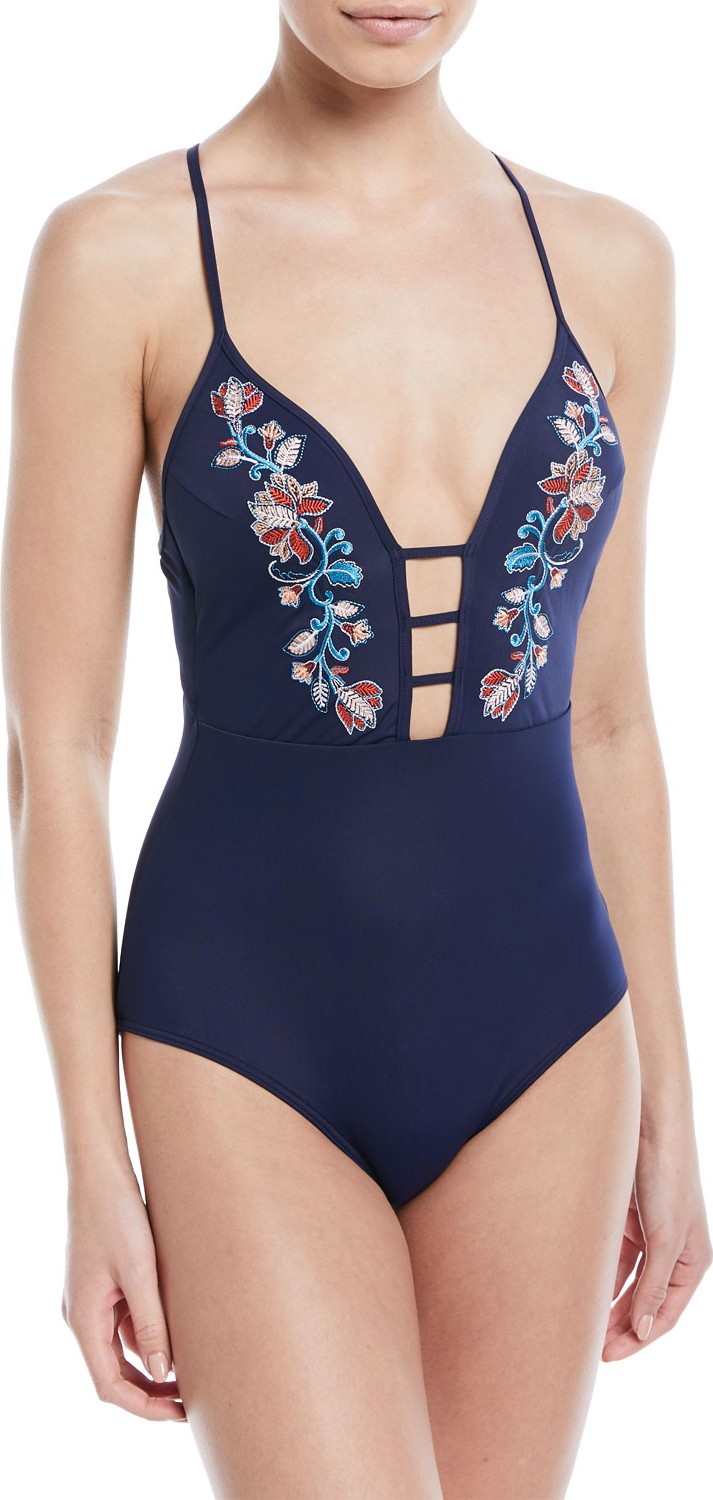 JETS by Jessika Allen Kindred Plunge Floral-Embroidered One-Piece Swimsuit