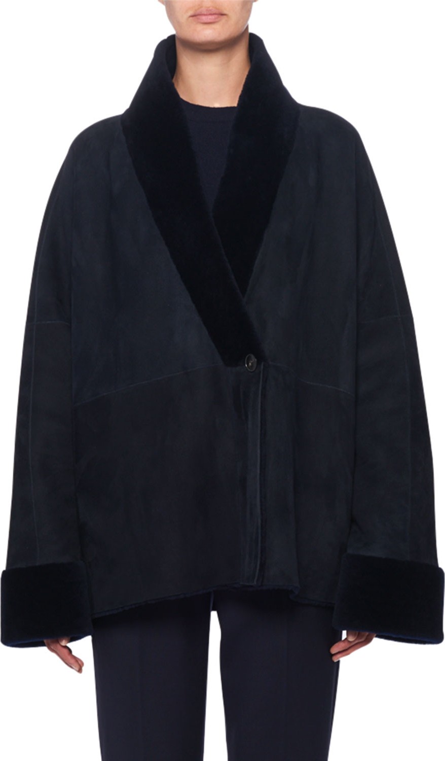 THE ROW Pernia Shearling-Trim Wrapped Jacket, Navy