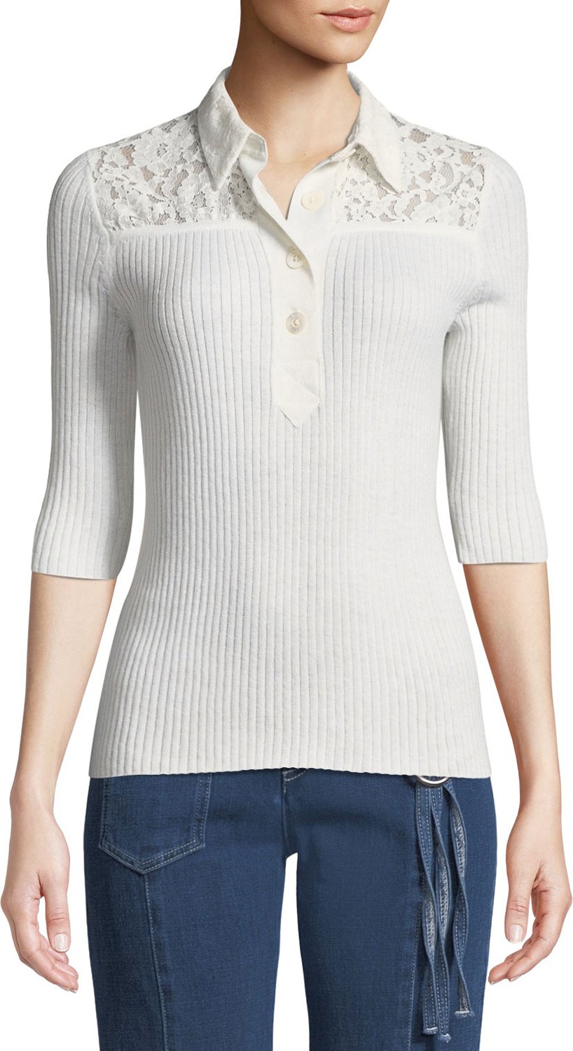 See By Chloé Collared Lace 3/4-Sleeve Button-Front Shirt