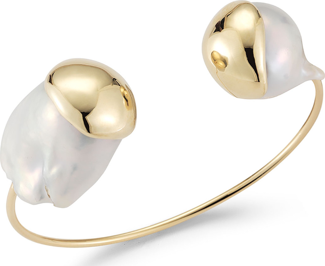 Mizuki Fluid Baroque Double-Pearl Open Cuff Bracelet in 14K Gold