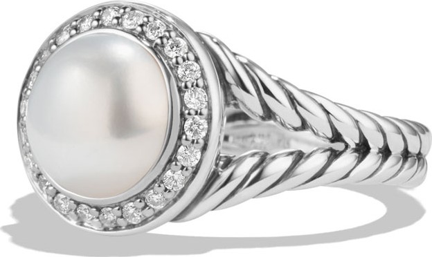 David Yurman Petite Cerise Pearl Ring in Sterling Silver w/ Pave Diamonds