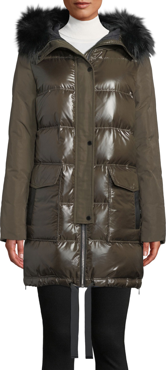 Derek Lam 10 Crosby Hooded Puffer Combo Parka Coat w/ Fur Trim