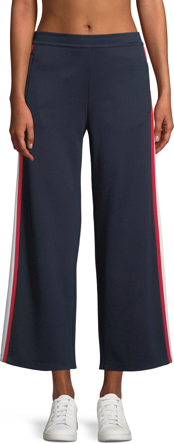 Tory Sport Wide-Leg Cropped Side-Stripe Jersey Track Pants