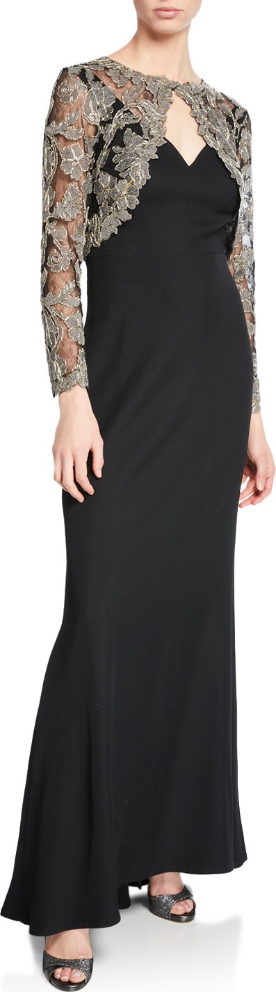 Tadashi Shoji Lace & Crepe Illusion Long-Sleeve Gown