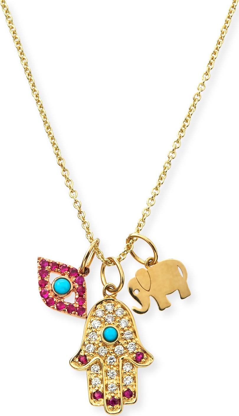 Sydney Evan 14k Evil Eye, Hamsa & Elephant Trio Pendant Necklace