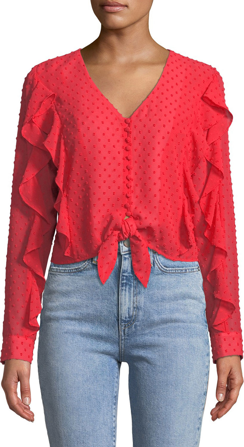 Bardot Dobby Tie-Front Frill Top