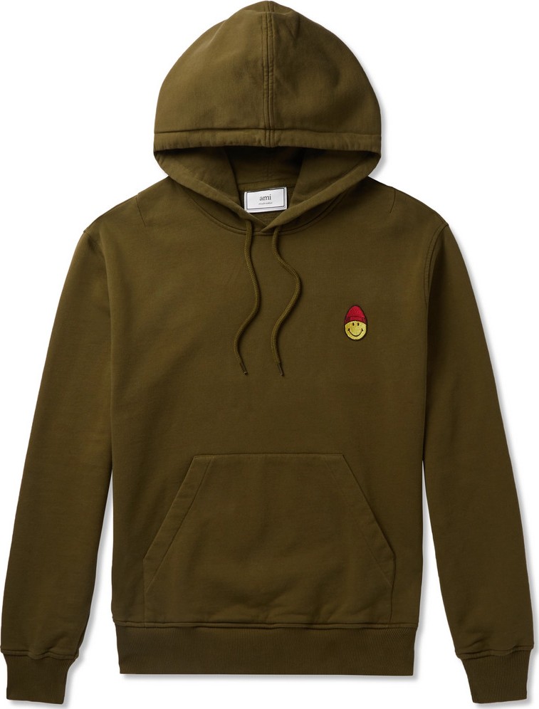 AMI + The Smiley Company Slim-Fit Logo-Appliquéd Loopback Cotton-Jersey Hoodie