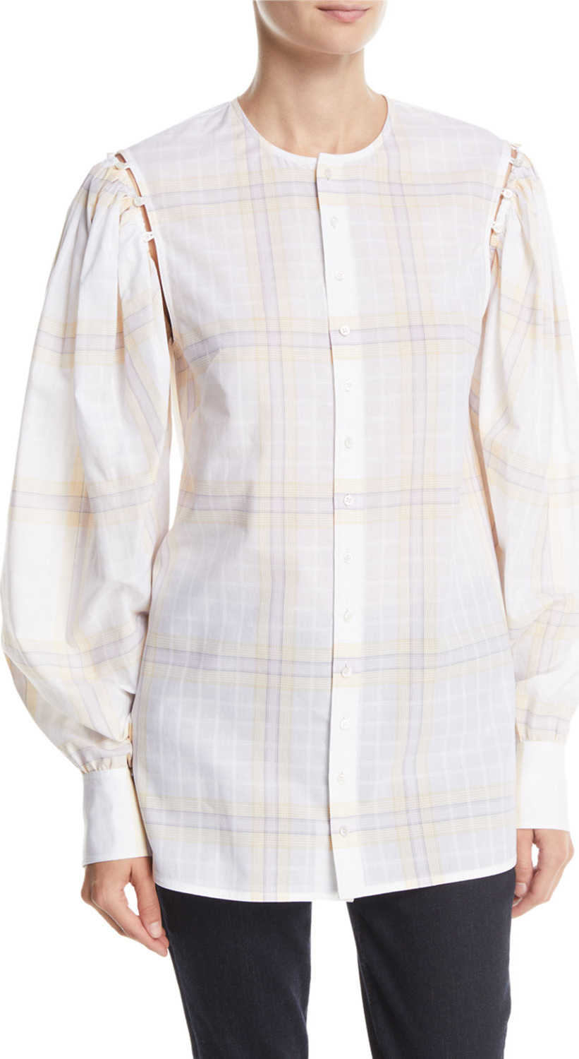 Calvin Klein 205W39NYC Button-Front Plaid Cotton Shirt with Detachable Puffy Sleeves
