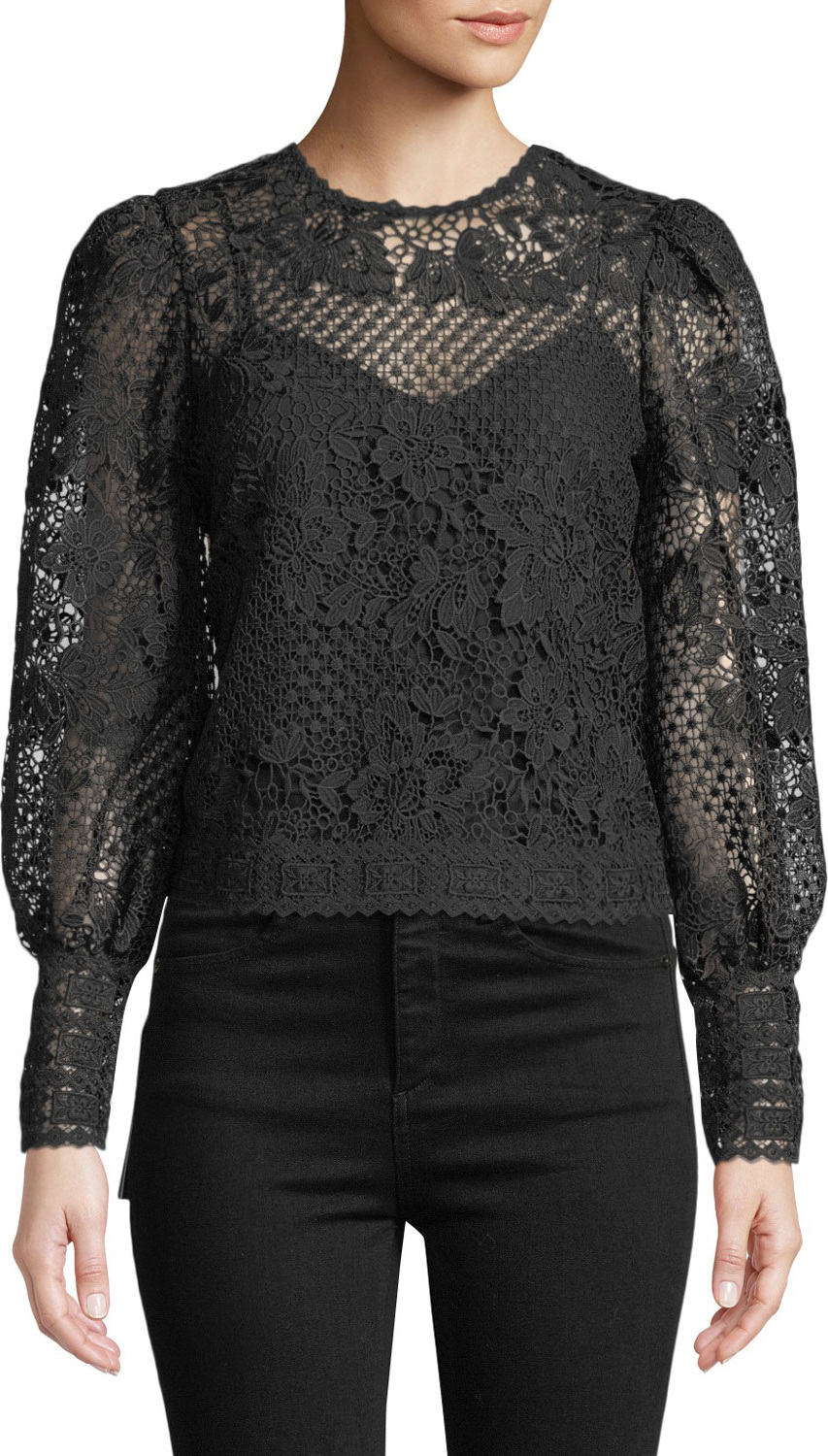 Joie Rodia Cropped Floral Lace Long-Sleeve Top