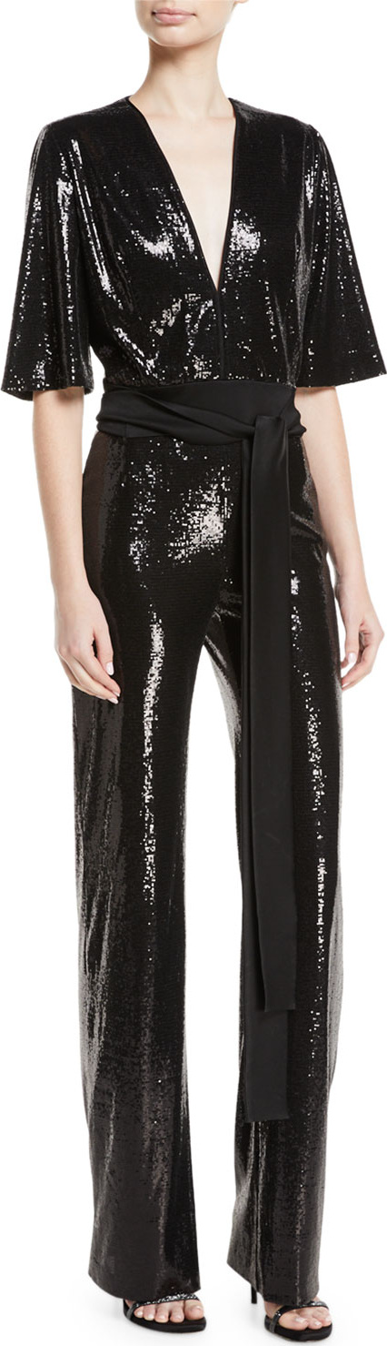 Galvan Elbow-Sleeve Deep-V Tie-Waist Stretch-Sequin Jumpsuit