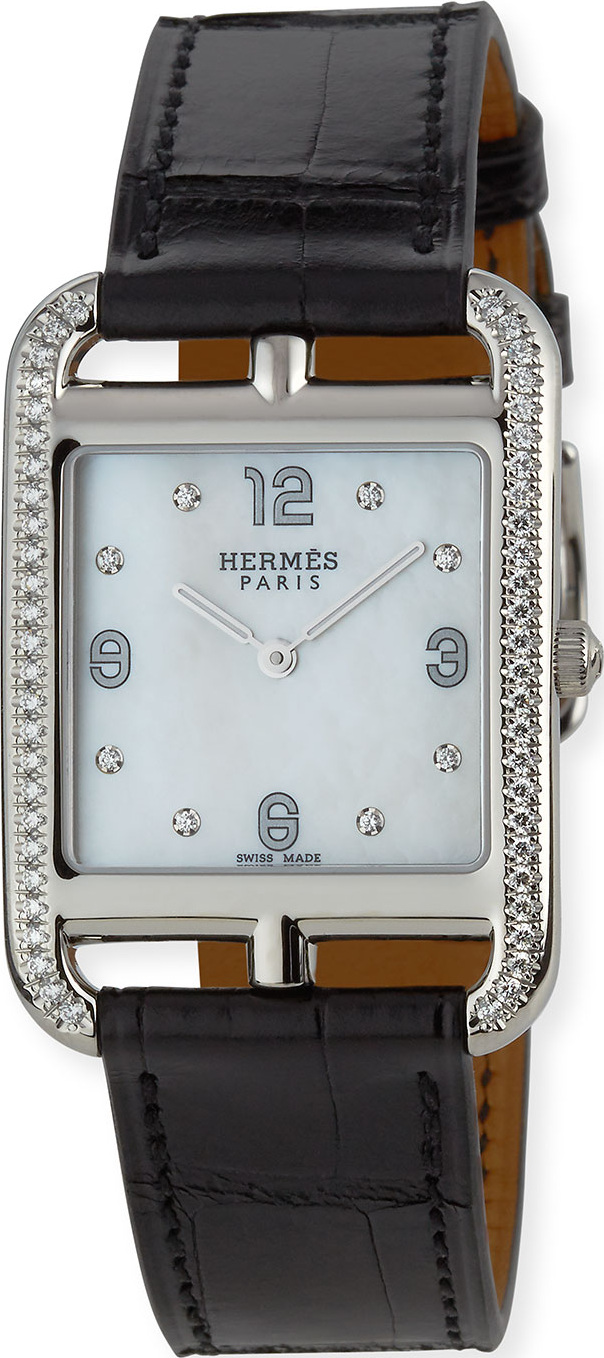 HERMÈS Cape Cod GM Watch with Diamonds & Black Alligator Strap