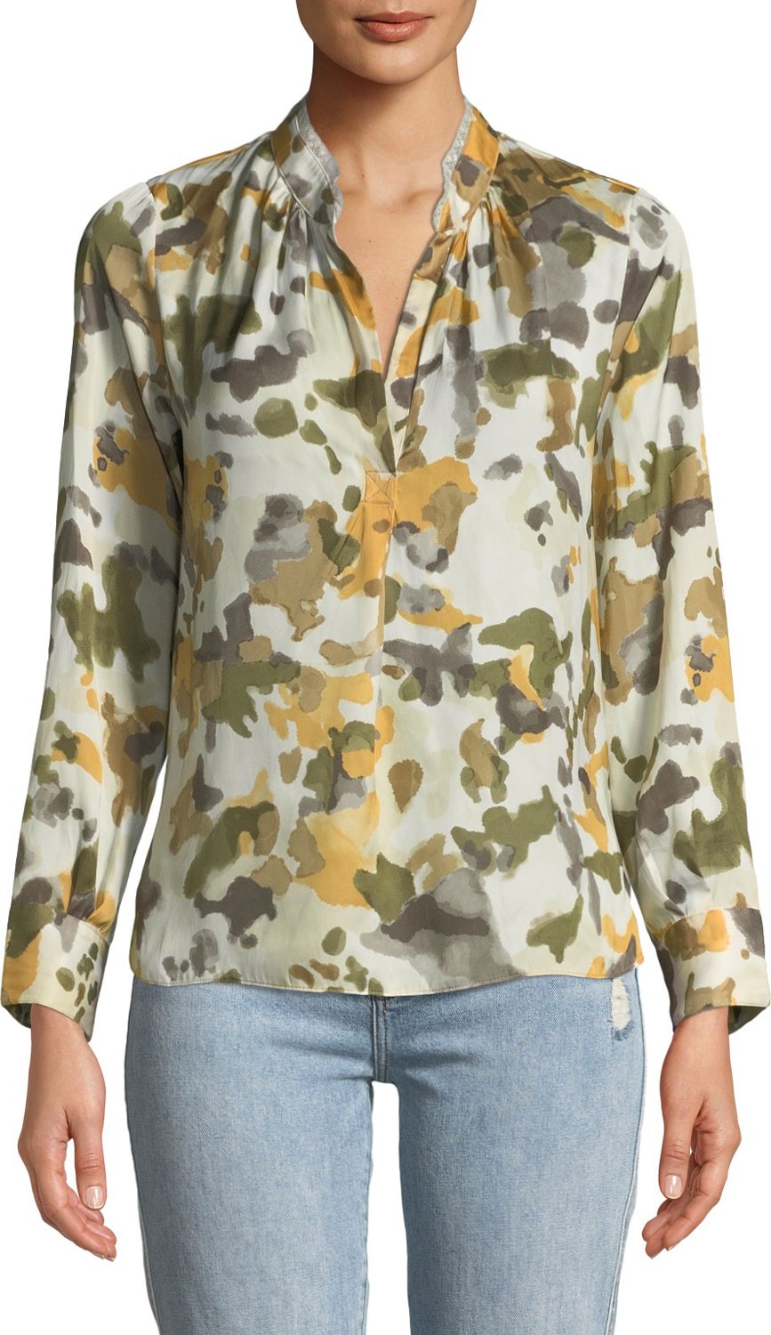 Zadig & Voltaire Tink Camo-Print Satin Long-Sleeve Blouse