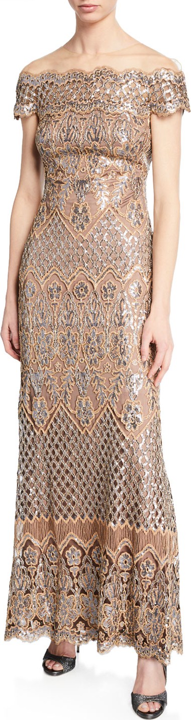 Tadashi Shoji Sequin Lace Off-the-Shoulder Illusion Short-Sleeve Gown
