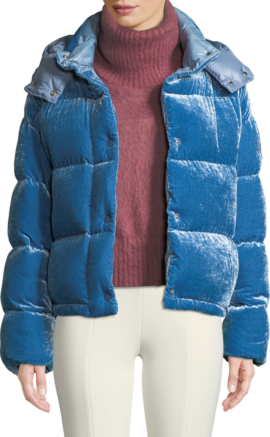 Moncler Caille Velvet Puffer Coat w/ Detachable Hood