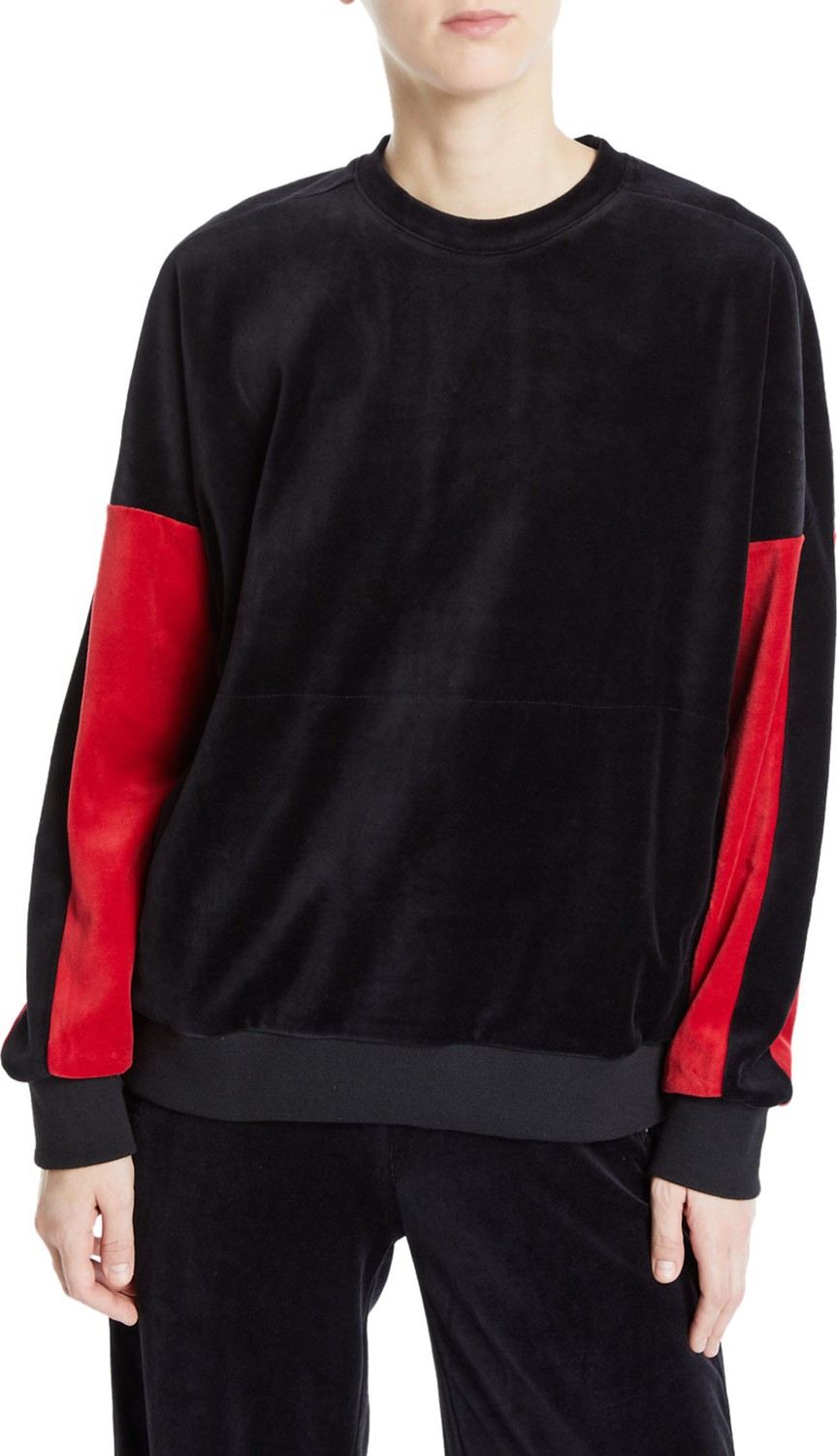 ALALA Velour Crewneck Pullover Sweater with Colorblock Sleeves