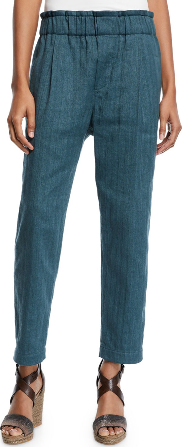 Brunello Cucinelli Cotton-Linen Chevron Pull-On Crop Pants