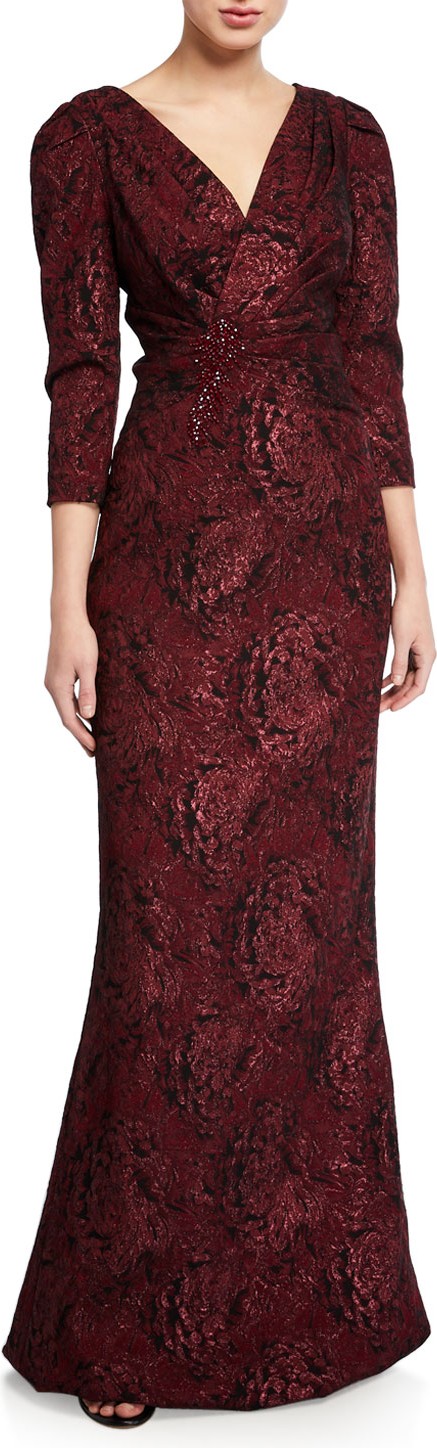 Rickie Freeman for Teri Jon Draped V-Neck 3/4-Sleeve Stretch Jacquard Gown