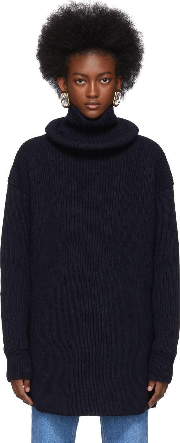 Balenciaga Navy Virgin Wool Ribbed Ring Turtleneck