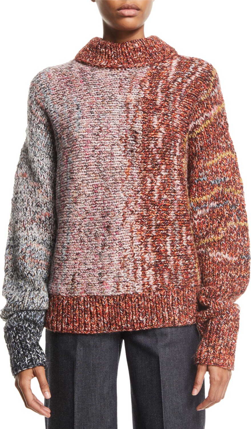 Victoria Beckham Crewneck Long-Sleeve Multi-Yarn Chunky-Knit Wool-Blend Sweater