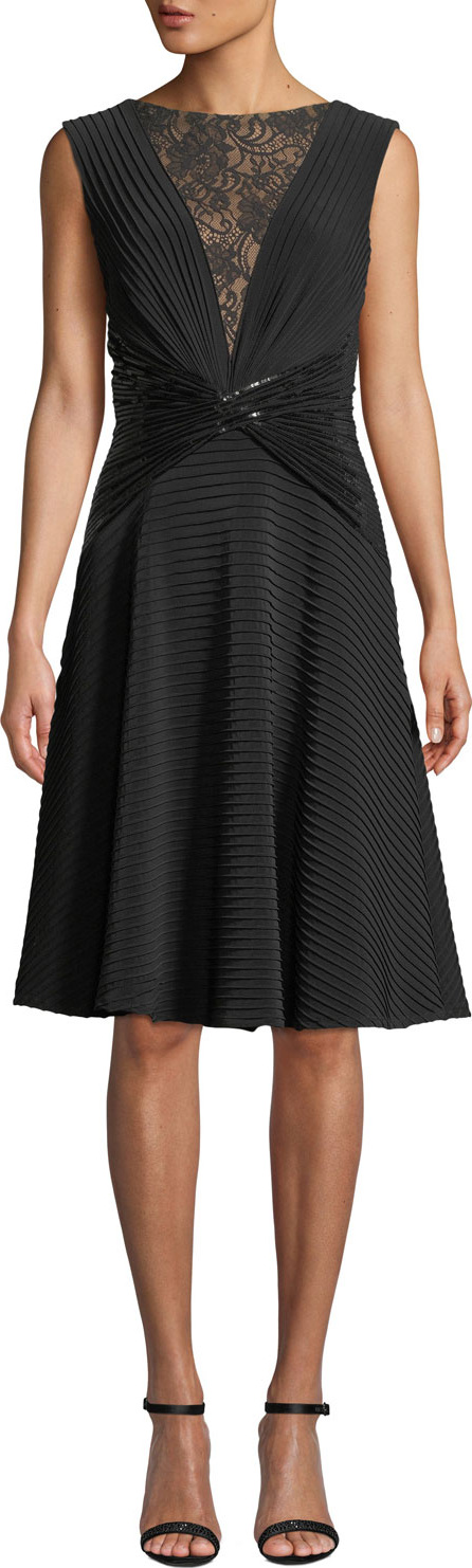 Tadashi Shoji Sleeveless Jersey Pintuck Dress w/ Lace