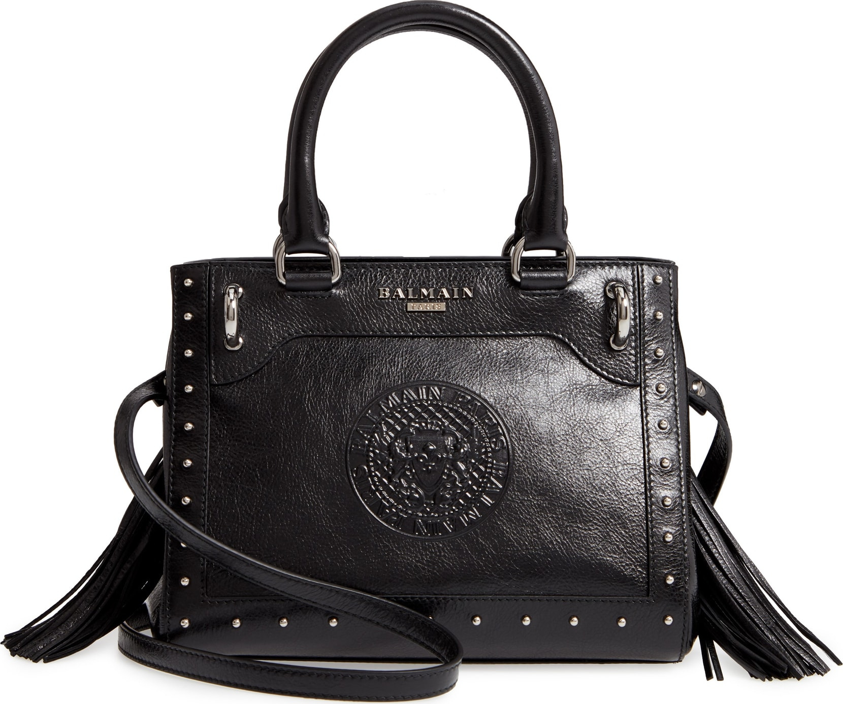 Balmain Mini Logo Calfskin Leather Top Handle Satchel