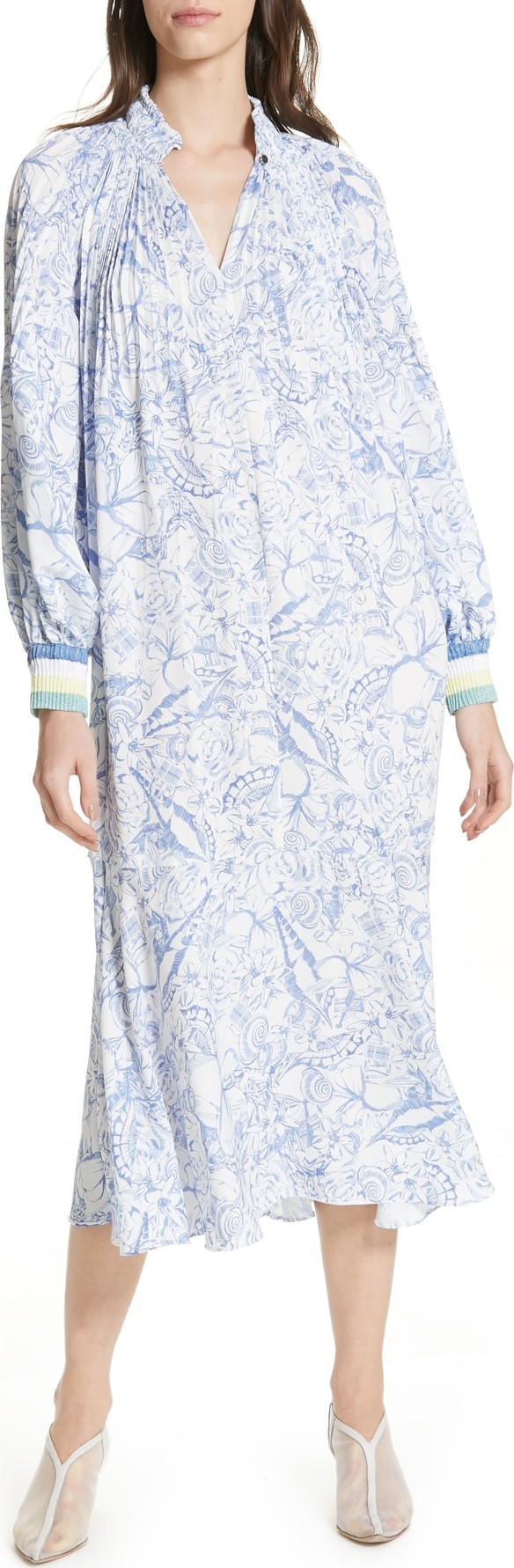 Tibi Isa Toile Print Ribbed Cuff Midi Dress