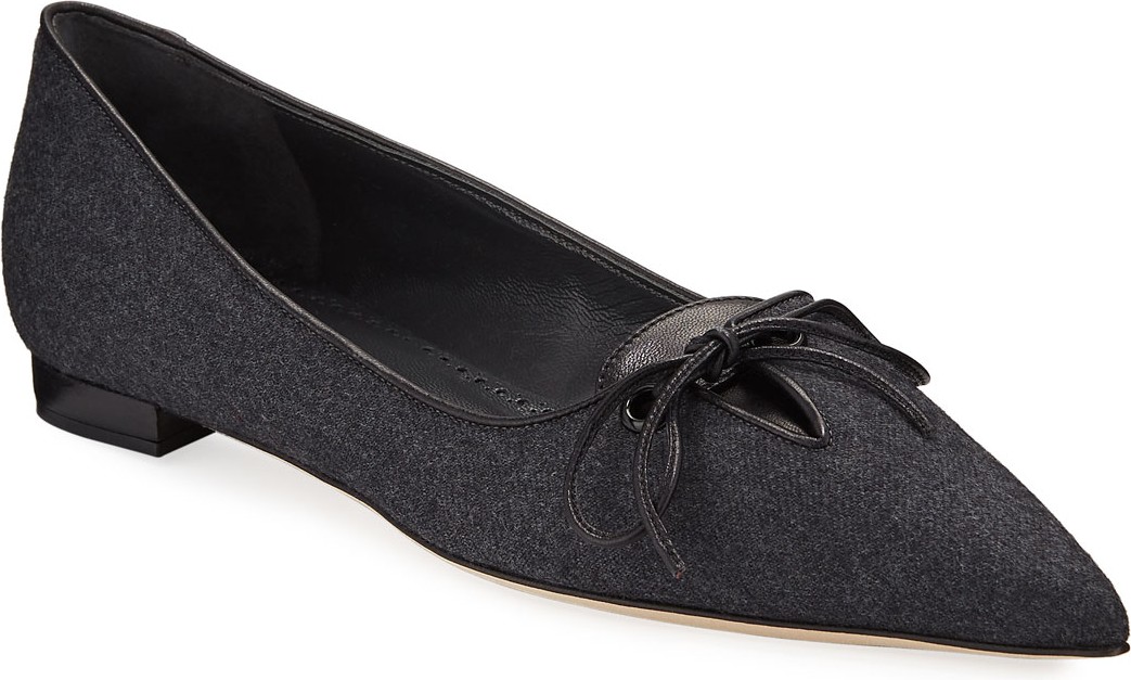 Manolo Blahnik Satiron Flannel Bow Ballerina Flats