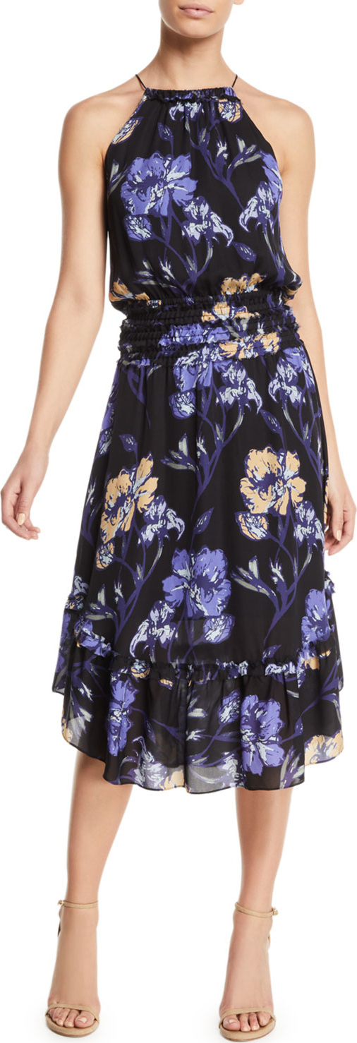 Ramy Brook Eboni Floral Silk Flounce Midi Dress