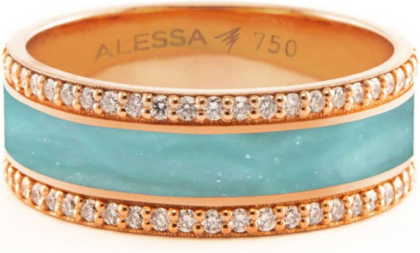 Alessa Jewelry Spectrum Painted 18k Rose Gold Ring w/ Diamond Trim, Teal, Size 7.5