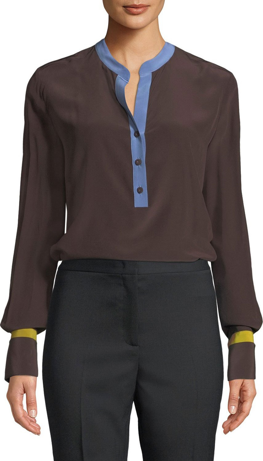 Piazza Sempione Henley Button-Placket Long-Sleeve Charmeuse Blouse