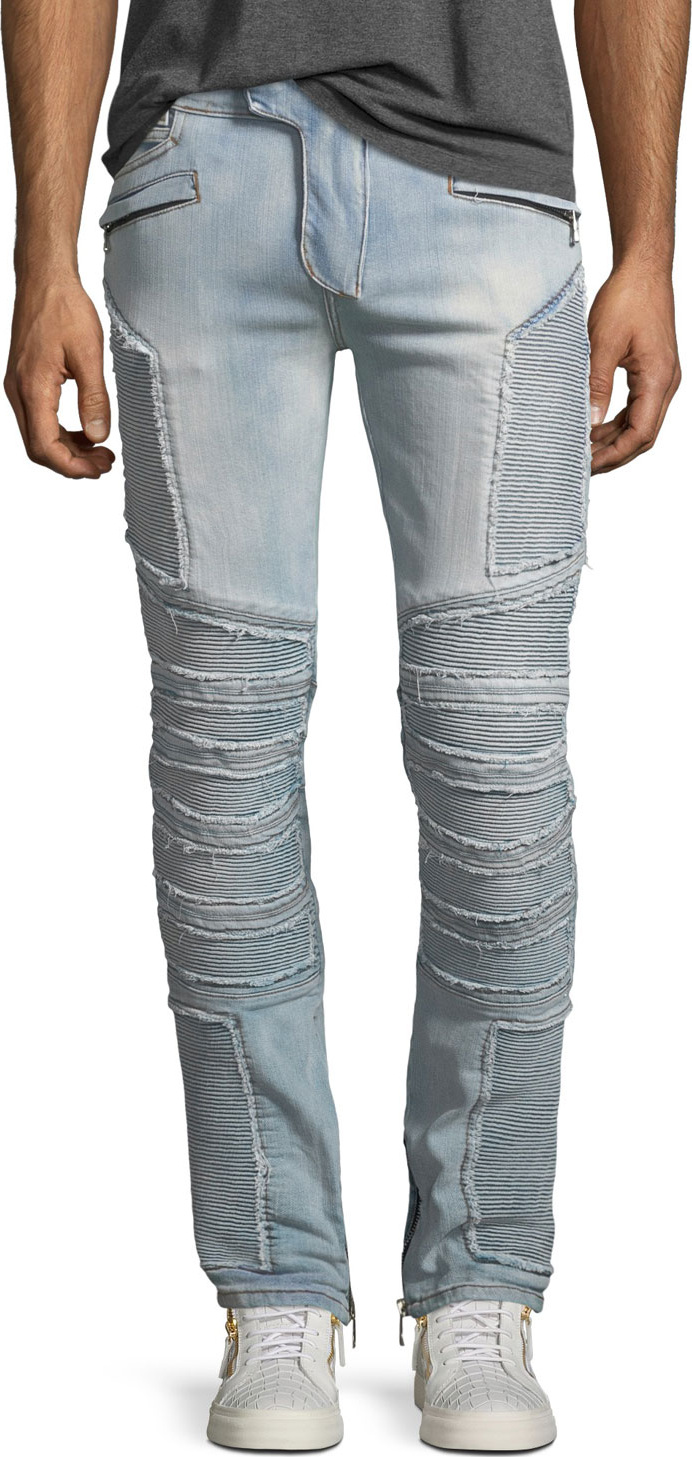 Balmain Distressed Skinny Light-Wash Moto Jeans