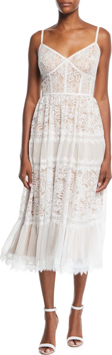 Tadashi Shoji Lace Midi Dress w/ Pleated Skirt