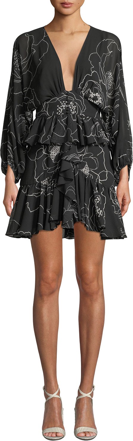Shona Joy Nero Plunge-Neck Floral-Print Ruffled Mini Dress