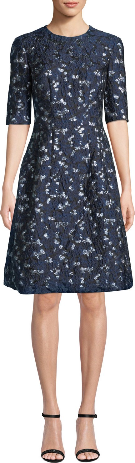 Lela Rose Holly Elbow-Sleeve Floral-Brocade Fit-and-Flare Dress