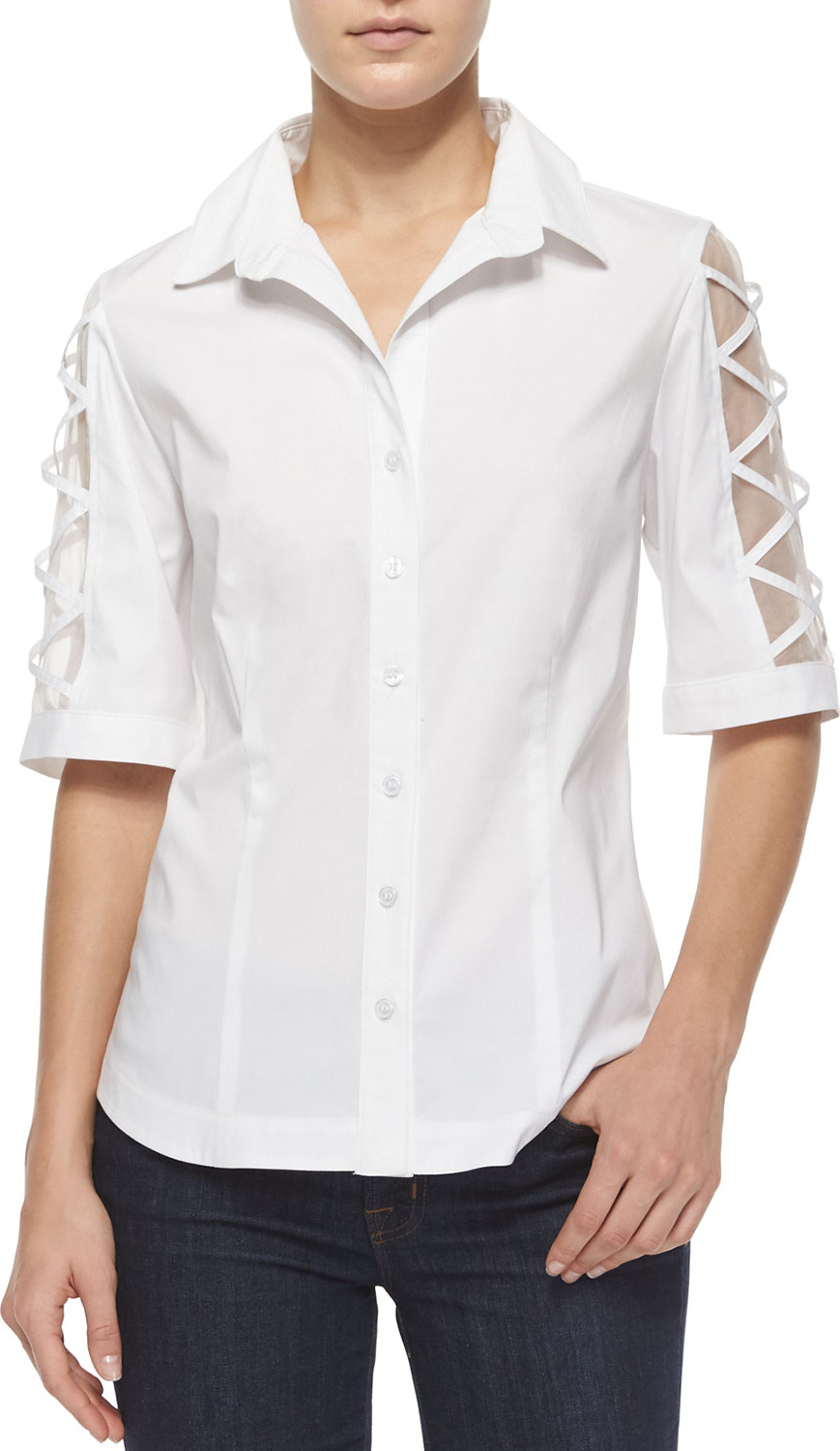 Finley Burnout-Sleeve Button-Front Blouse