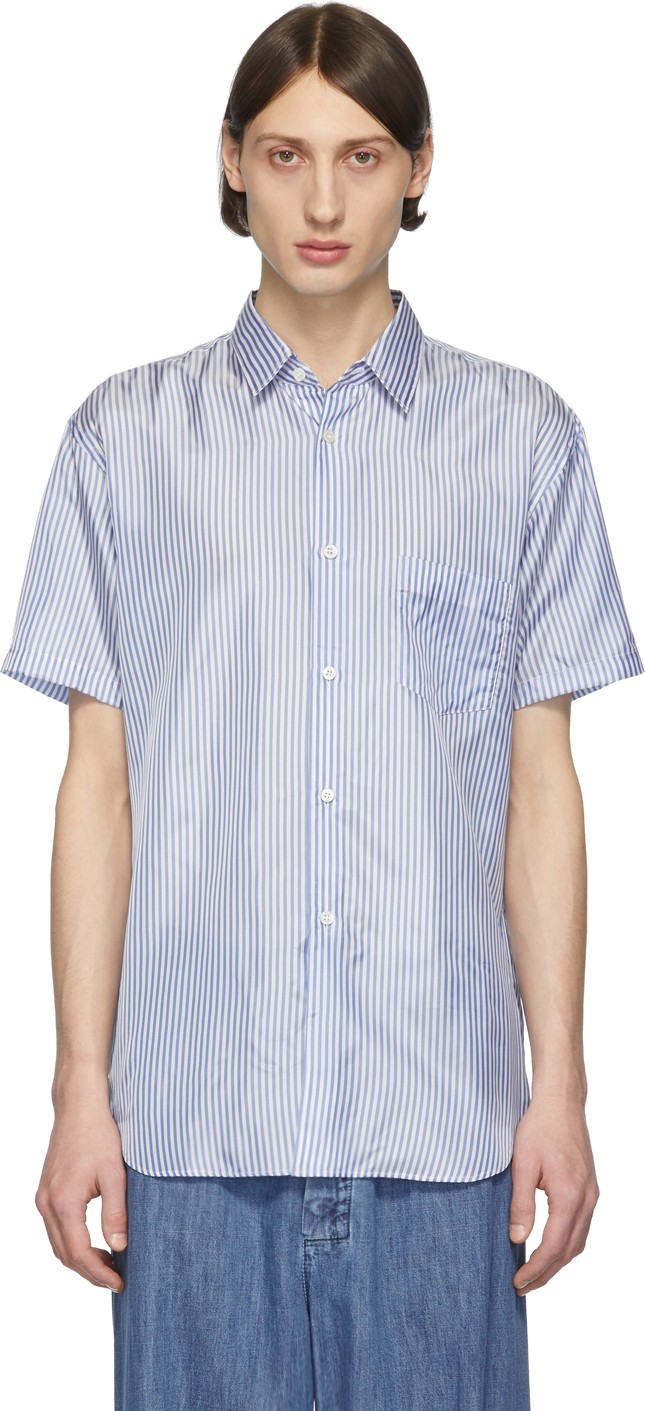 Comme Des Garcons Blue & White Striped Cupro Short Sleeve Shirt