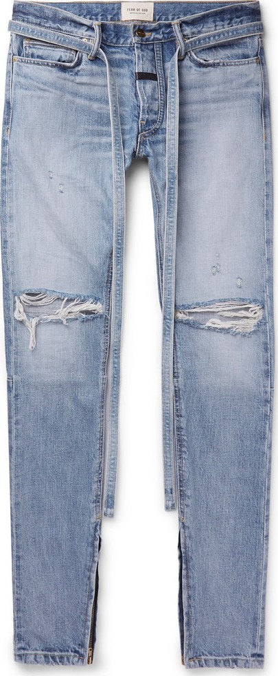 Fear of God Slim-Fit Tapered Belted Distressed Selvedge Denim Jeans