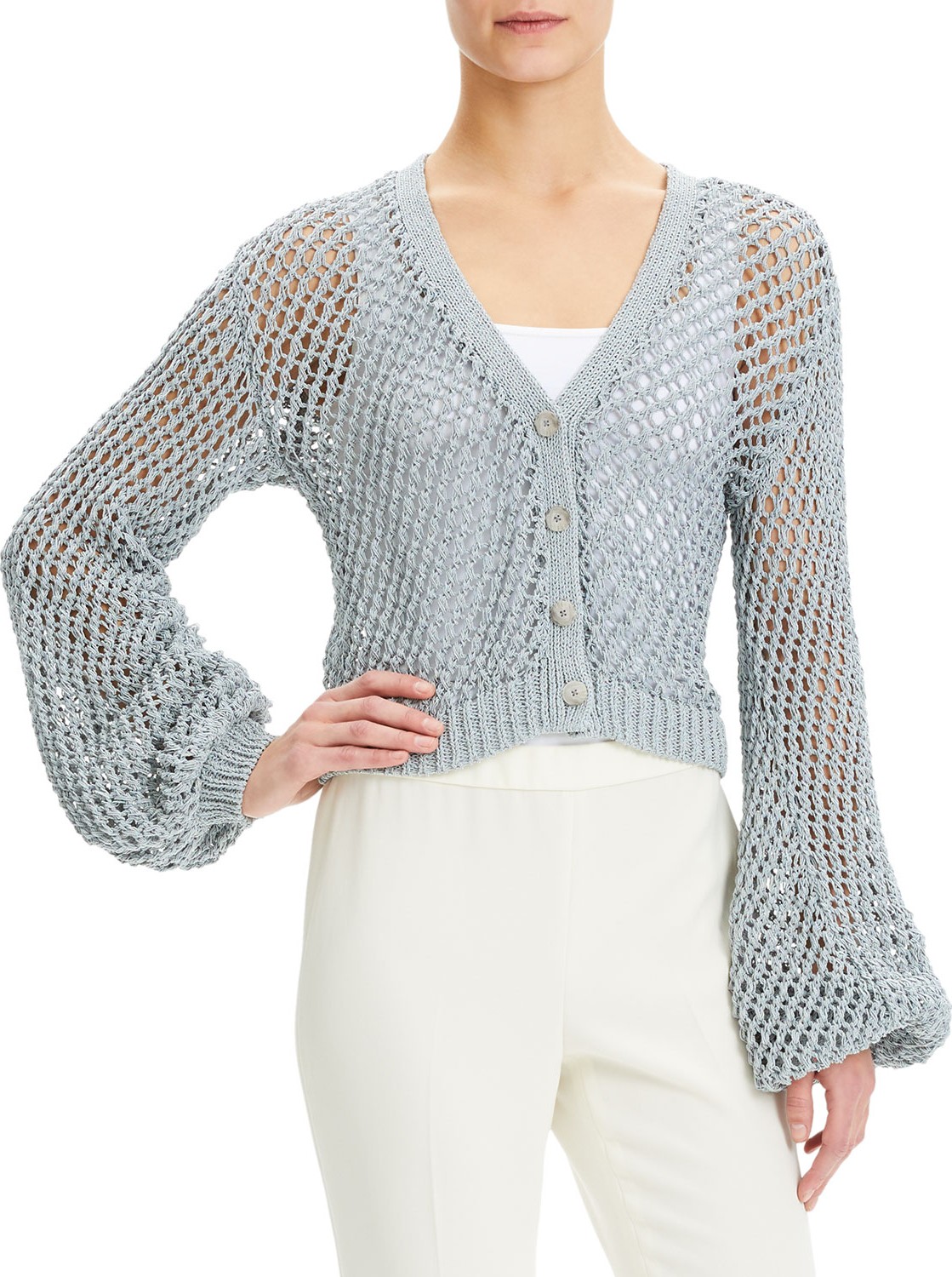 Theory Merletto Balloon-Sleeve Mesh Cardigan
