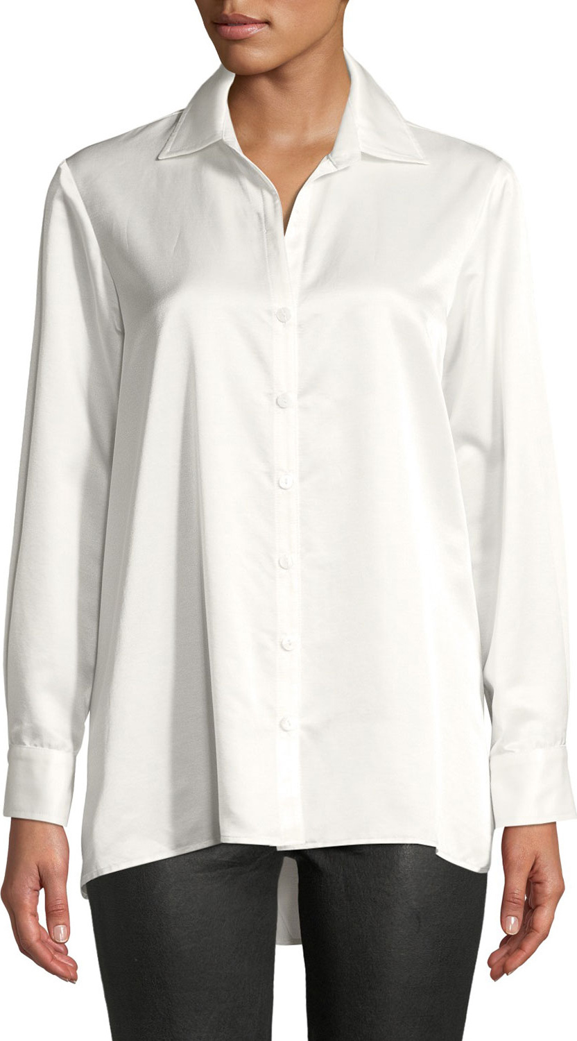 Finley Satin Button-Front Trapeze Blouse