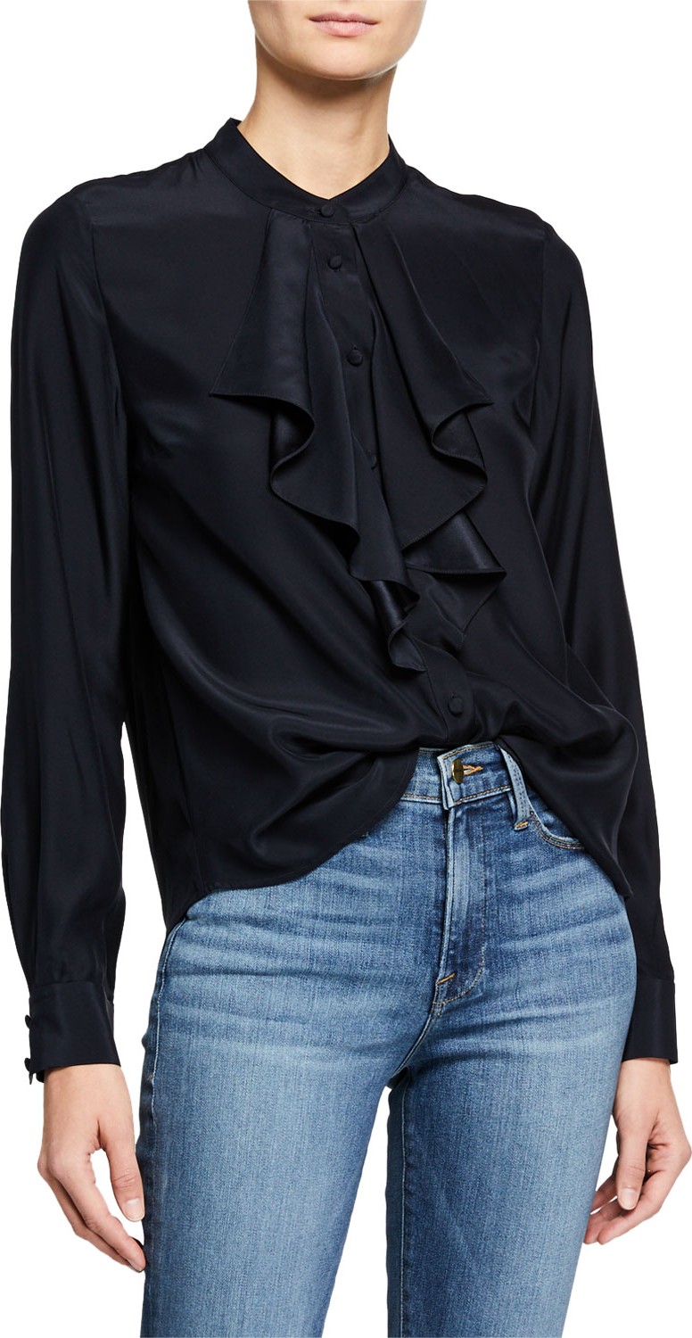 FRAME DENIM Ruffle Cascade Long-Sleeve Silk Button-Up Top