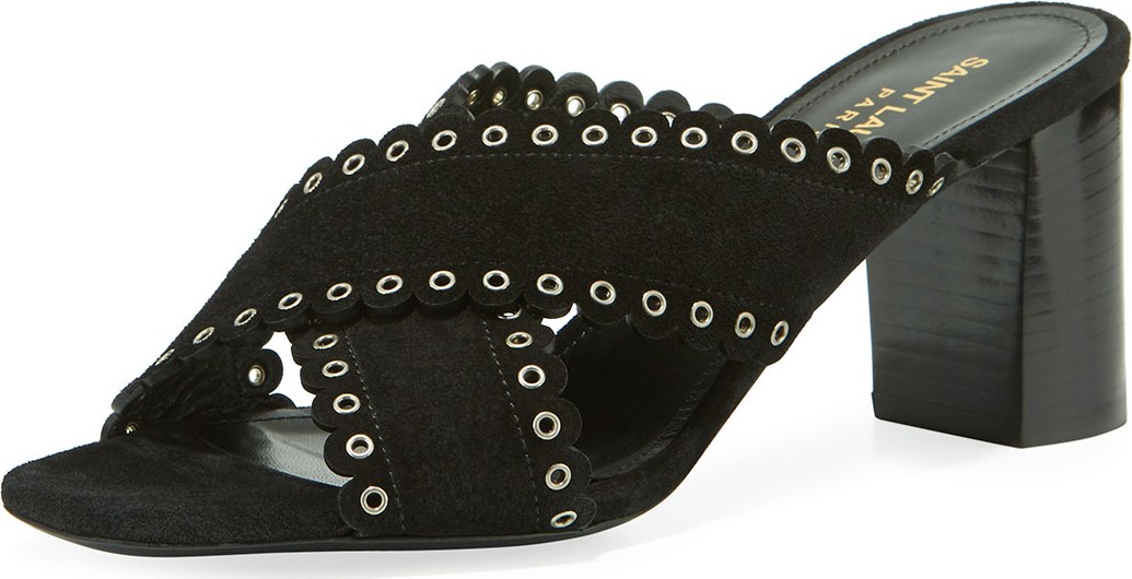 Saint Laurent Loulou Suede Eyelet-Trim Slide Sandals