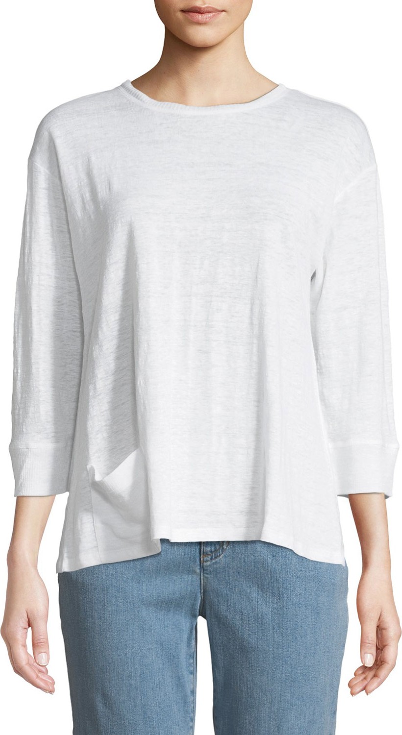 Eileen Fisher Jewel-Neck 3/4-Sleeve Organic Linen Jersey Tee w/ Front Pocket